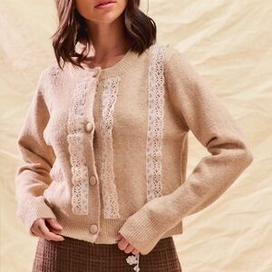 Front Lace Trim Button Cardigan Sweater
 Beige Lace-Trimmed Sweater